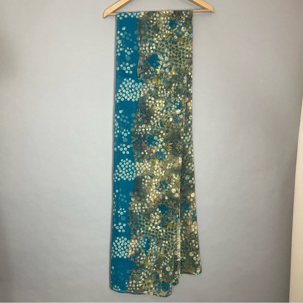 Long Floral Scarf‎ Dots Blue Textured Floaty Women 41x88 Art-to-Wear Boho Roses - Picture 3 of 8